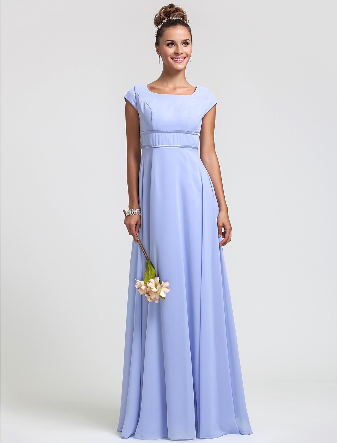 Wholesale Sheath / Column Bridesmaid Dress Square Neck Short Sleeve Elegant Floor Length Chiffon with Sash / Ribbon / Pleats